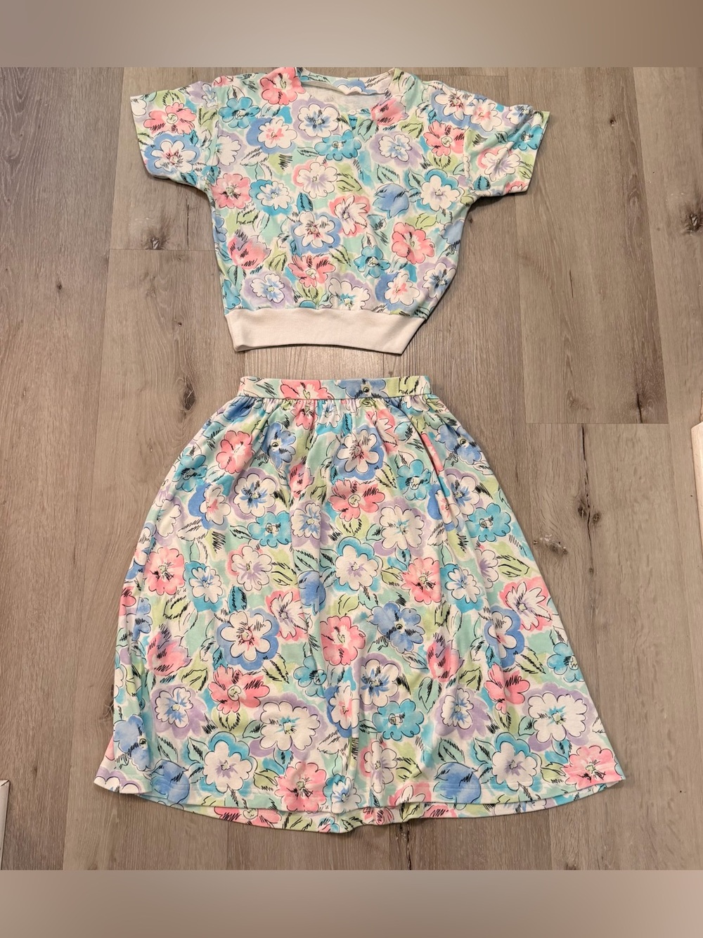 Vintage 80s 90s Pastel Floral Two Piece Skirt Set Cottagecore Co-ord Med/Small